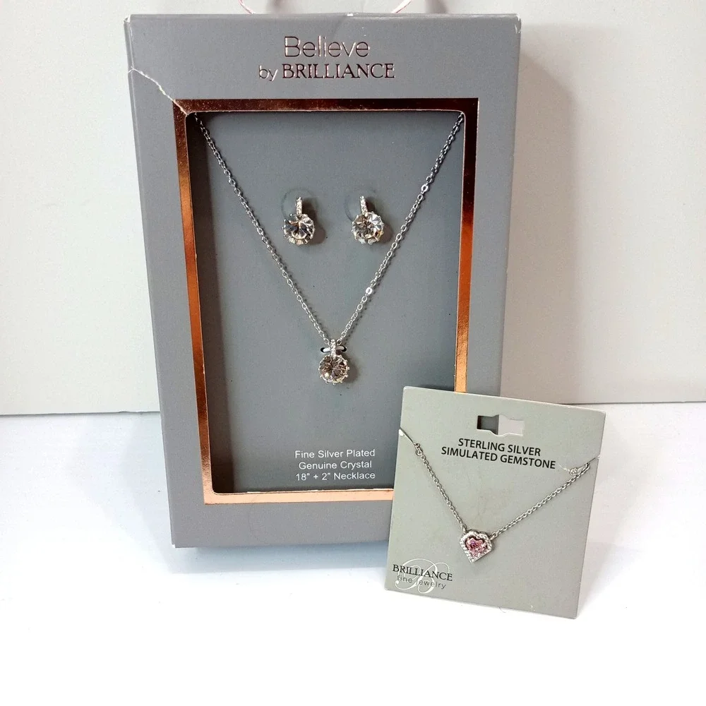 Brilliance‎ Jewelry Set Sterling Silver Heart Necklace & Crystal Earrings New